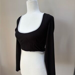 Princess Polly Black Fitted Crop Top w/White Trim and Long Sleeves